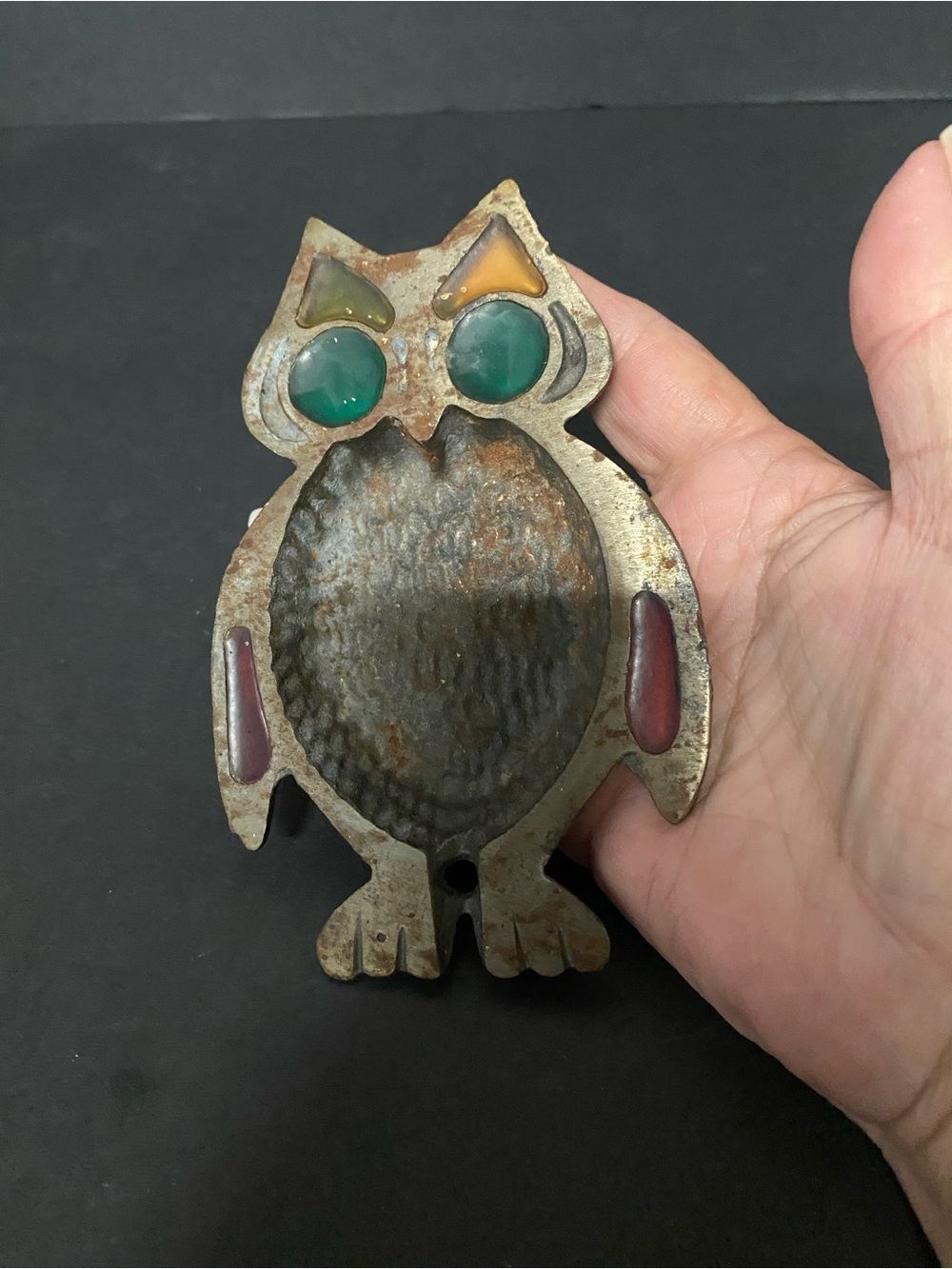 Vintage Metal rustic owl stained glass ashtray/trinket dish